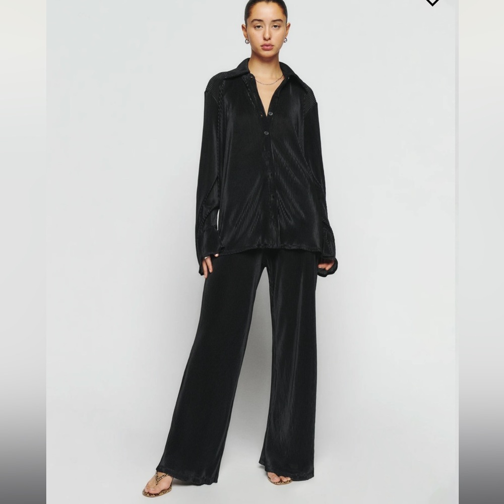 Reformation black high rise ribbed silky wide leg flare dress lounge pants M